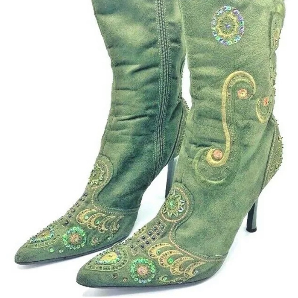Beaded Glitter Embroidered Boots Olive Green